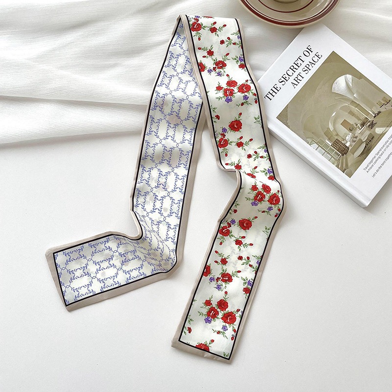 Bufandas de seda delgadas y largas para mujeres primavera y verano multifuncional bolsas de pelo atadas de pañuelo decorado correa de pelo tocado de correa