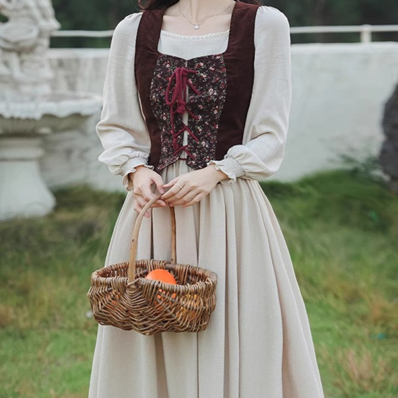 欧洲复古中世纪宫廷裙法式少女田园系碎花油画马甲连衣裙套装|undefined