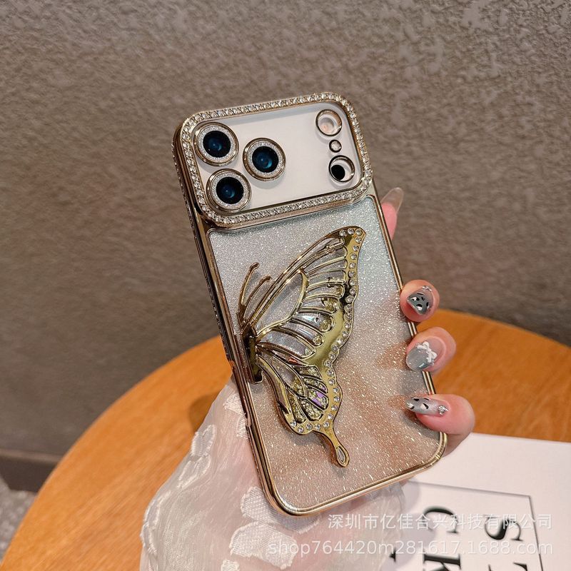 轻奢闪粉水钻立体蝴蝶支架适用iPhone17PROMAX手机壳苹果16软壳15|undefined