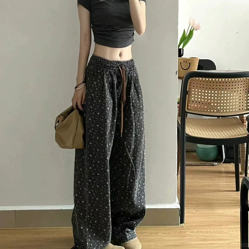 Новая весна 2025 года Новые корейские винтажные цветы рыхлые широкие ноги дикие толстые прямые брюки для женщин