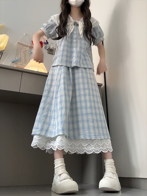 甜美小个子蓝色格纹泡泡袖花边领衬衫女+高腰a字裙两件套|undefined