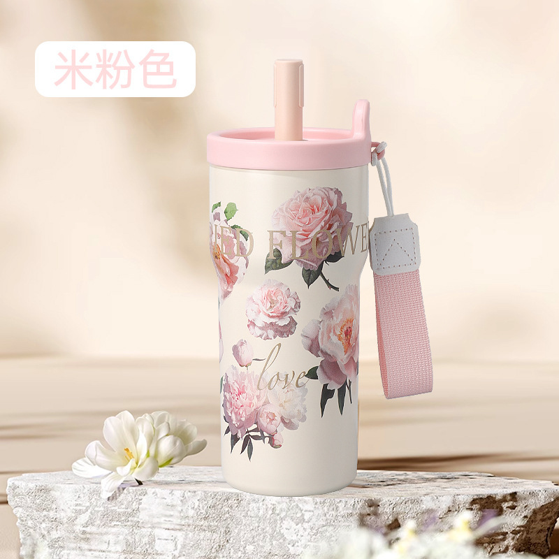 新しい 316 ステンレス鋼魔法瓶カップ女性のためのポータブル高価値大容量ストローコーヒーカップかわいい軽い高級ウォーターカップ|undefined