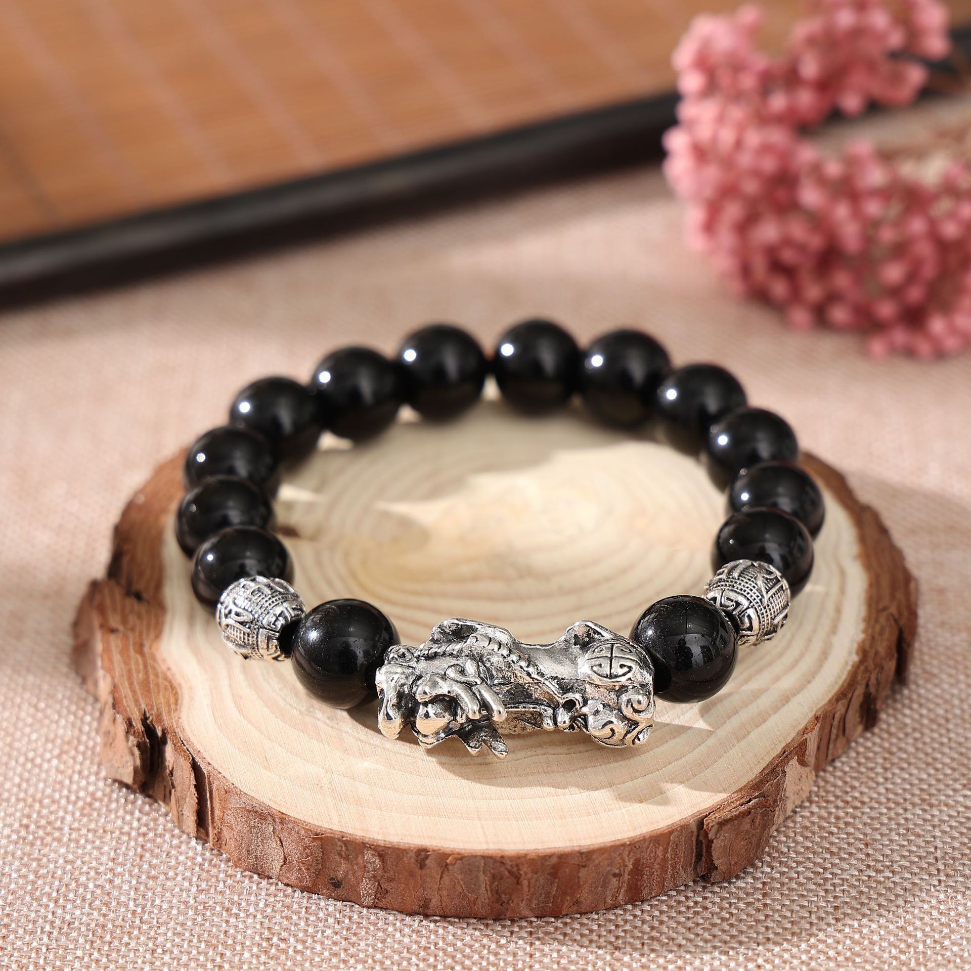 Imitación obsidiana pulsera chapada en oro mantra de seis palabras que preservan el color pulsera de cuentas de oro joyería de la suerte para los hombres