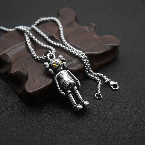 Trendy personality Internet celebrity violent bear doll men and women necklace bear titanium steel necklace punk hip-hop stainless steel pendant