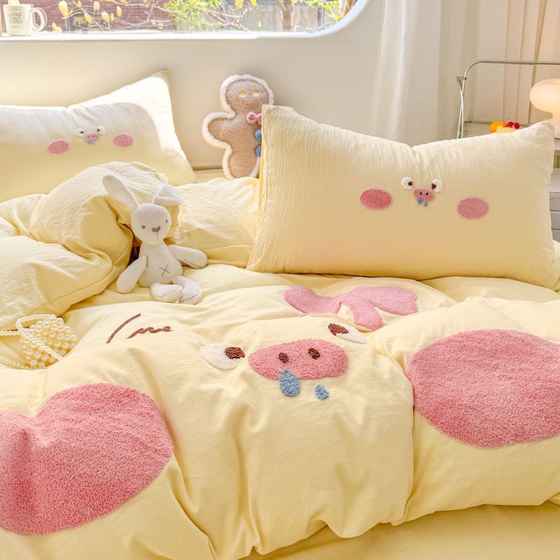 ins纯色可爱小猪毛巾绣水洗棉床上四件套被套床单学生宿舍三件套