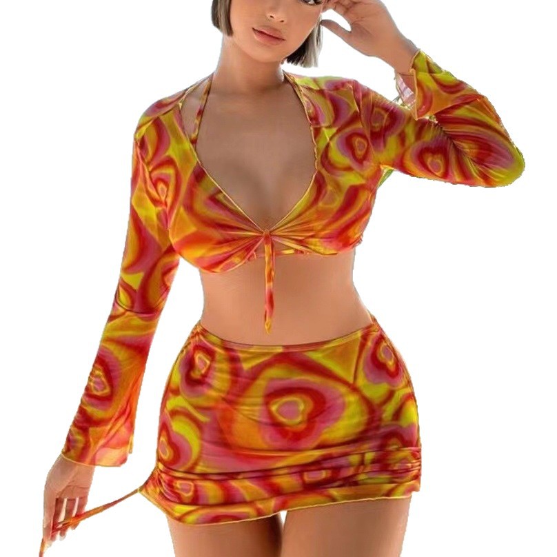 Women's Tie Dye Halter Neck Cropped Two Piece Bikini Swimsuit Bodycon Triangle Three Piece Set_voghion.com