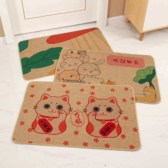 Cartoon linen floor mat for home use, washable, absorbent, quick-drying, non-slip, easy to maintain, dirt-resistant, wear-resistant bathroom mat
