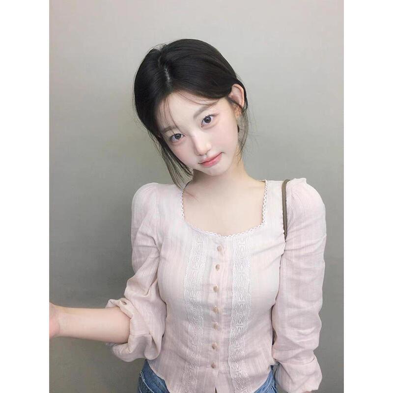 Korean-style sweet and pure cotton lace pink shirt, women's new spring collection, short-sleeved, tie-front, fitted, long-sleeved top, thin fabric