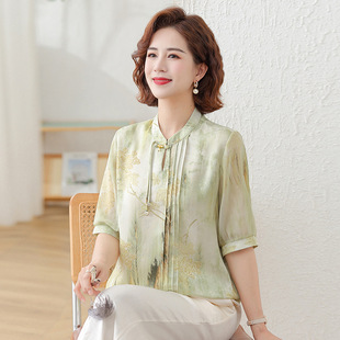 Middle-aged and elderly women's clothing Chinese-style chiffon small shirt middle-aged mother national style base shirt 2025 summer new casual top