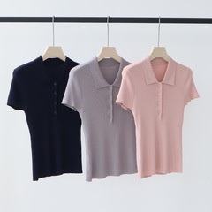 十三行夏新作ニット半袖レディースPOLO襟tシャツ減齢修身着痩せフレンチ上着レディース