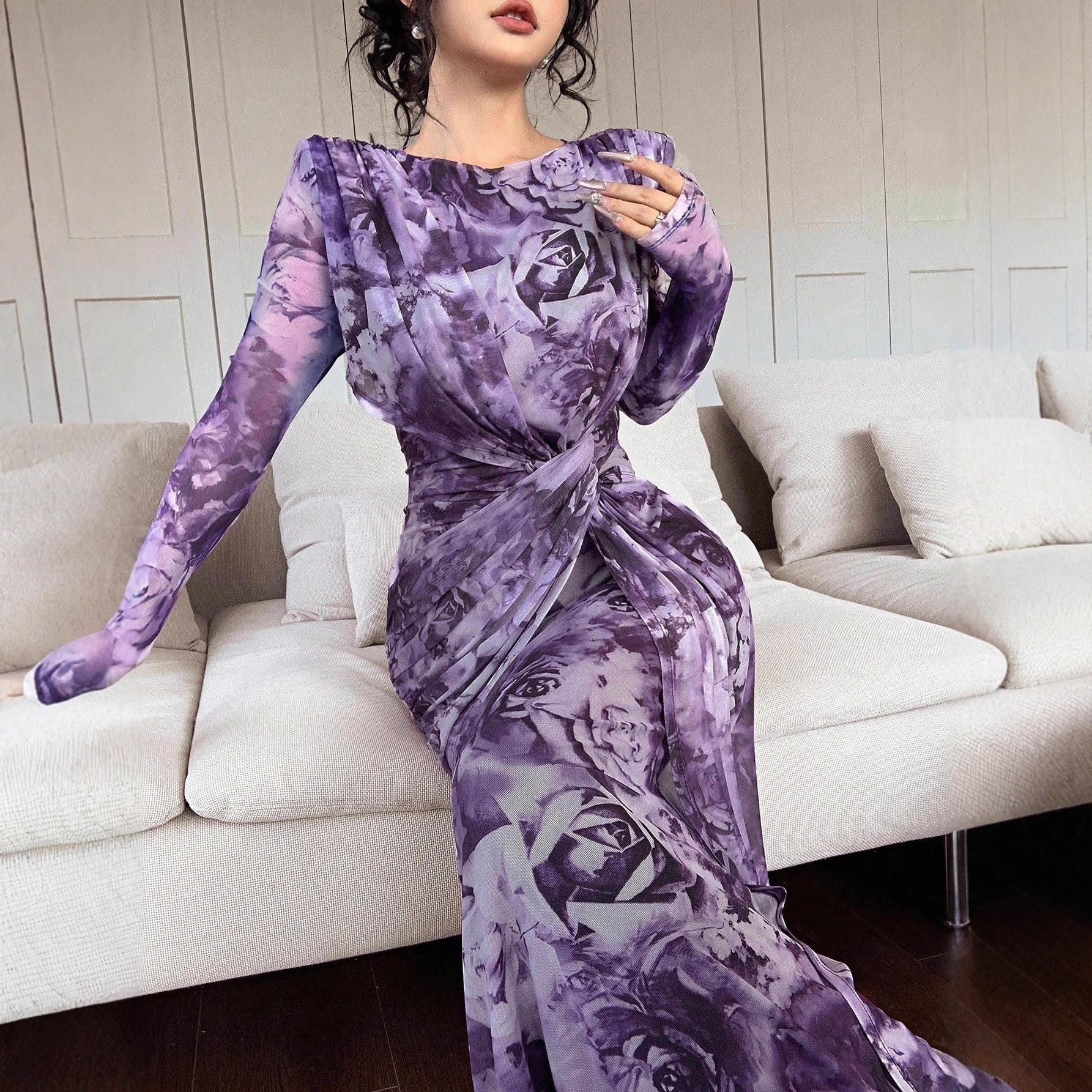Summer Women's U Neck Long Sleeve Patchwork Slim Fit Printed Maxi Dress_ecoleips.com