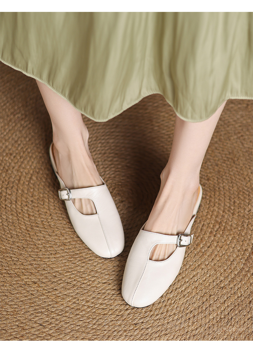 Dép sandal nữ da bò trùm đầu hở gót gót thấp đơn giản — màu trắng ngà chi tiết 2