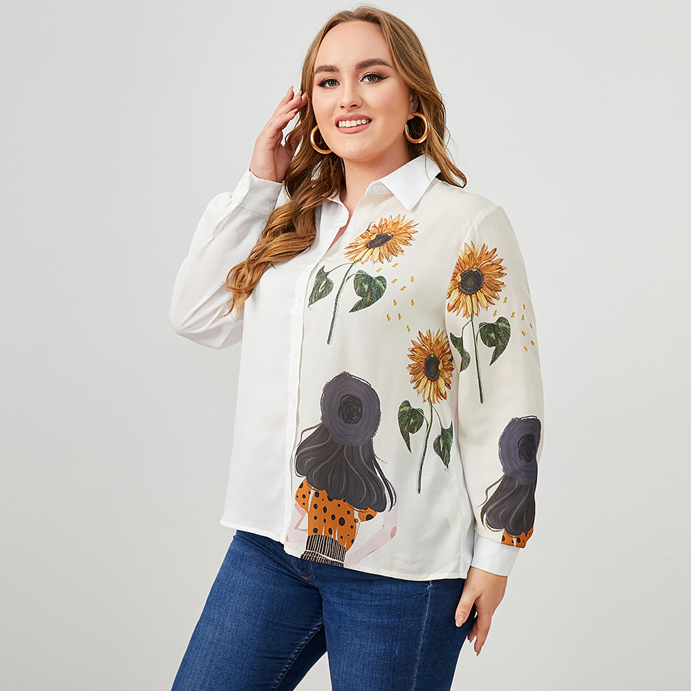 Plus Size High-Neck Single-Breasted Pattern Printed Shirt NSWCJ112246