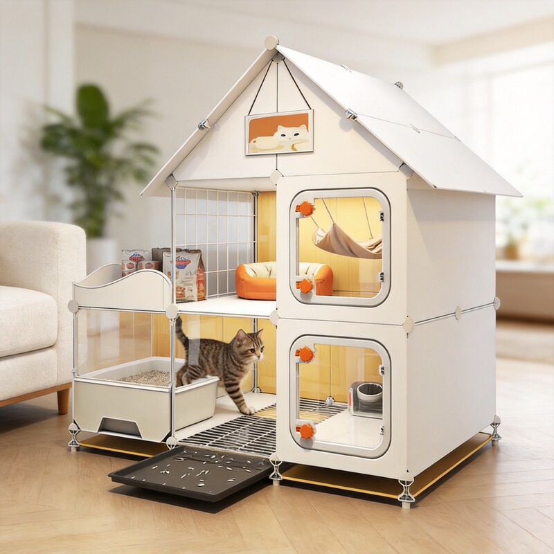 Cat villa with integrated toilet, luxurious cat cage, one bedroom, one living room, one bathroom, indoor free space for home use Cat villa with integrated toilet, luxurious cat cage, one bedroom, one living room, one bathroom, indoor free space for home use