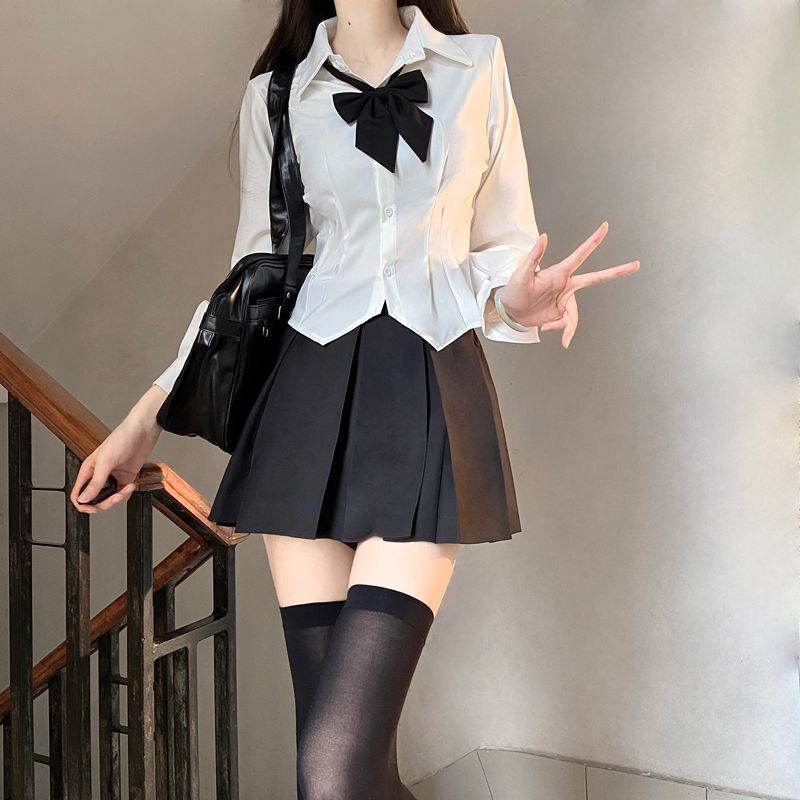 Jk Waist White Shirt Slim-fit Slim Shirt Grey Pure Desire Spice Style Jk Uniform Pleated Skirt suit Women's Summer Jk Waist White Shirt Slim-fit Slim Shirt Grey Pure Desire Spice Style Jk Uniform Pleated Skirt suit Women's Summer