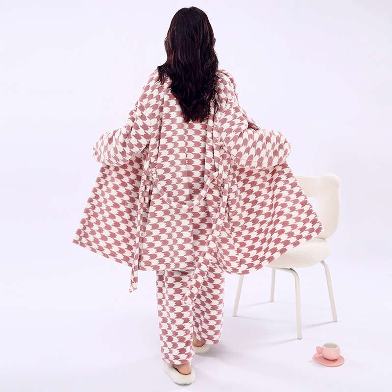 남성과 여성을위한 가을과 겨울 새로운 산호 양털 두꺼운 하운스 나이트 가운 긴 따뜻한 목욕 가운 세트 커플 잠옷