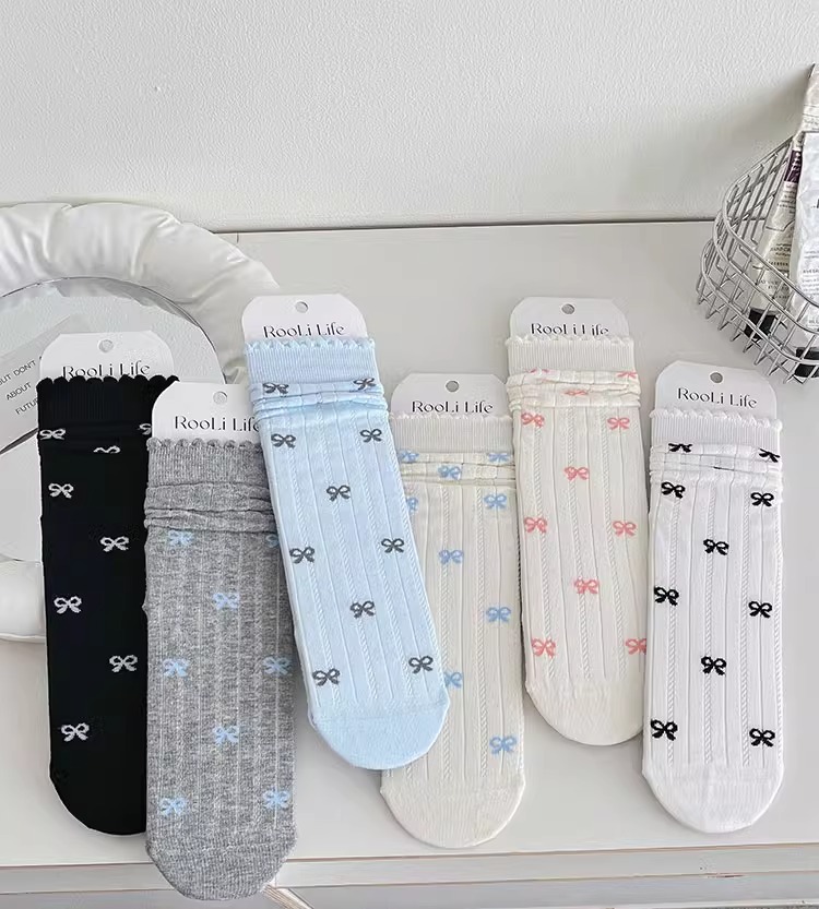Coquette Kawaii Balletcore Ribbed Cotton Knitted Bow Crew Socks for Romantic Daily Fashion Detail View 1