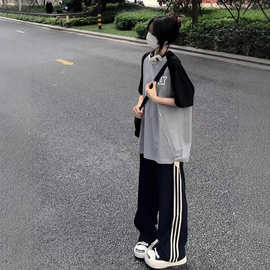 学院风运动服套装女夏季学生韩版宽松时尚短袖长裤休闲两件套跑步