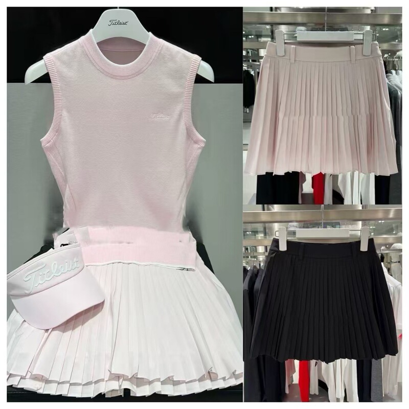 Korean Women's Golf Clothing Round Neck Sleeveless Knit Top Versatile Casual Top A-Line Pleated Short Skirt Korean Women's Golf Clothing Round Neck Sleeveless Knit Top Versatile Casual Top A-Line Pleated Short Skirt