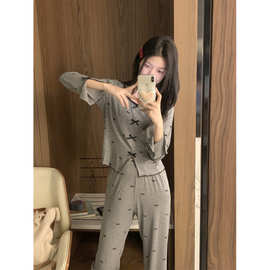 实拍2025秋季新款韩系波点蝴蝶结简约长袖睡衣套装休闲家居服批发