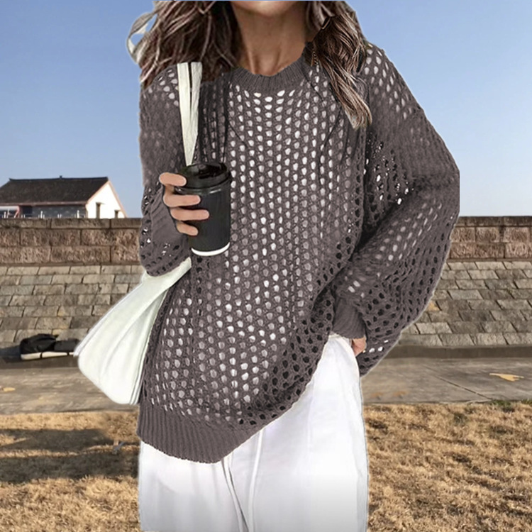 Blusa de Punto Calada para Mujer en Acrílico, UPF50+, Corte Holgado, Manga Larga, para Playa image 3