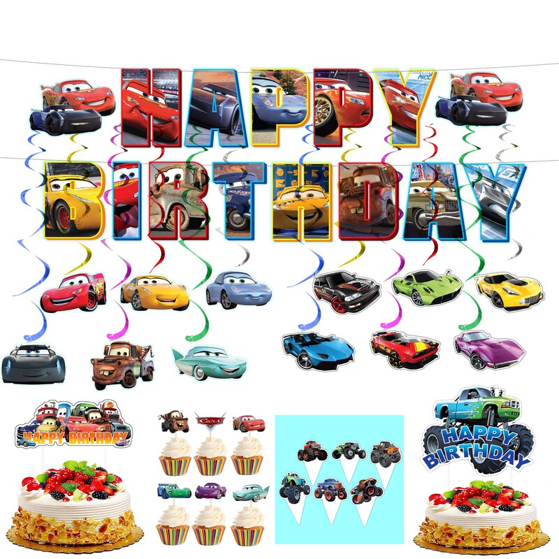 Hot Wheels Racing Car Themed Children's Birthday Party Decoration Supplies Set with Banners, Spiral Hanging Flags, and Paper Plates