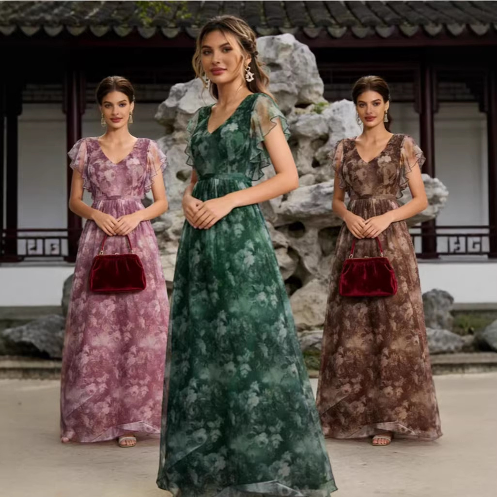 Women V Neck Floral Print Mesh Ruffle Hem A Line Big Swing Party Dress Bridesmaid Dress Prom Evening Gown_ecoleips.com