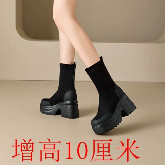 Ботинки Knight 10cm на платформе с увеличением роста, эластичные, узкие, новые высокие короткие ботинки 2025 года, женские, на толстой подошве