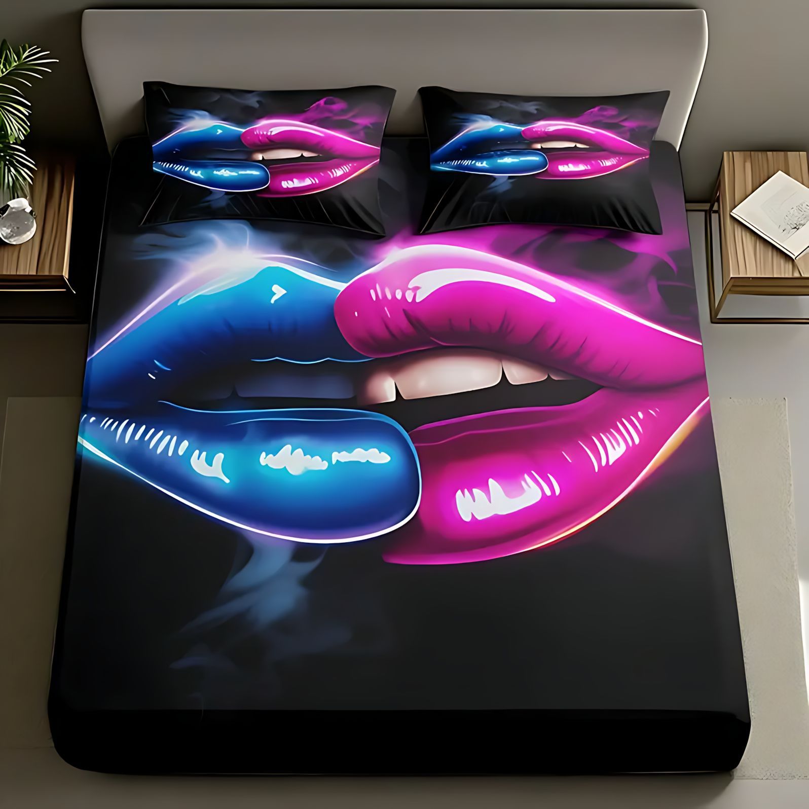 TEMU / JIT transfronterizo sexy labios impresión digital 3D cama de polirido kazu funda de almohada fuente de patrón fabricante