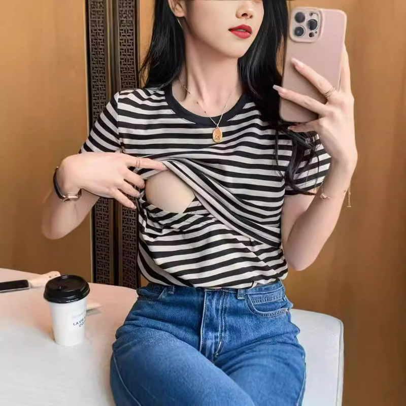 Pure Cotton New Nursing Clothes Summer Slimming Look Stripesd Short-Sleeved T-Shirt Tops Women's Postpartum Confinement Clothes Women's Shirts Pure Cotton New Nursing Clothes Summer Slimming Look Stripesd Short-Sleeved T-Shirt Tops Women's Postpartum Confinement Clothes Women's Shirts