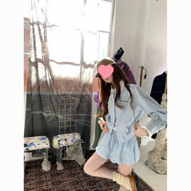 蓝衬衫撞色翻领上衣女秋季新款显瘦气质花苞短裙两件套图片色抽褶