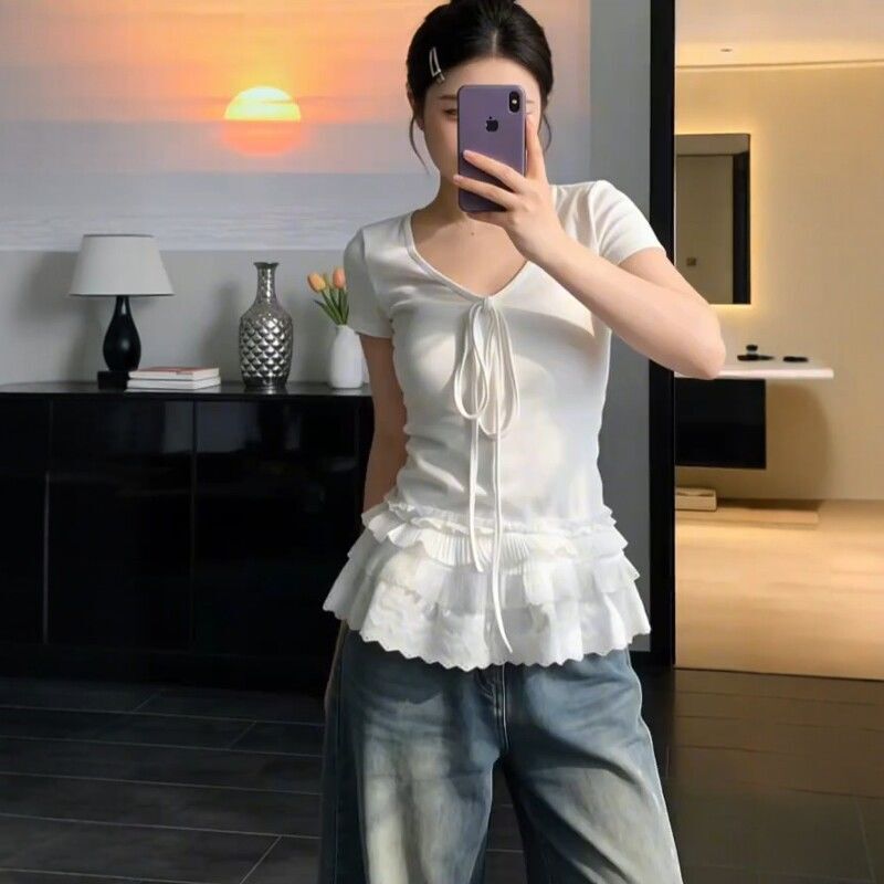 T-Shirt for Women with Lace Trim, Slim Fit, White, Beautiful, Regular Shoulder, Plus Size, Short Sleeve, Tie-Up V-Neck, Summer Slimming Top