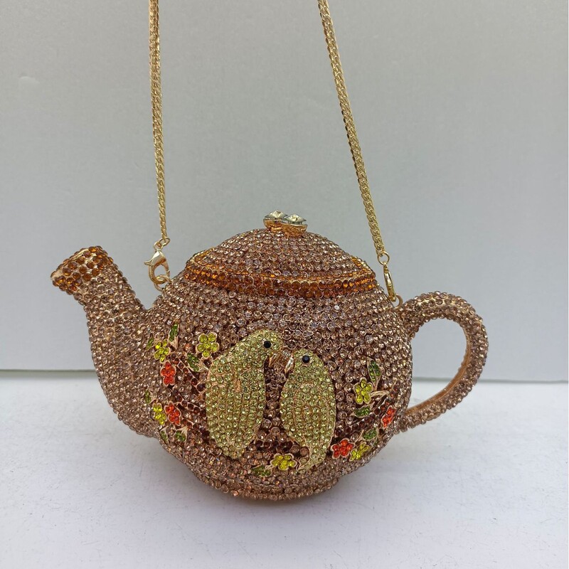 Xiyuan Teapot Chain Evening Bag with Diamonds and Turquoise, Party Evening Bag, Rhinestone Clutch, Banquet Purse Xiyuan Teapot Chain Evening Bag with Diamonds and Turquoise, Party Evening Bag, Rhinestone Clutch, Banquet Purse