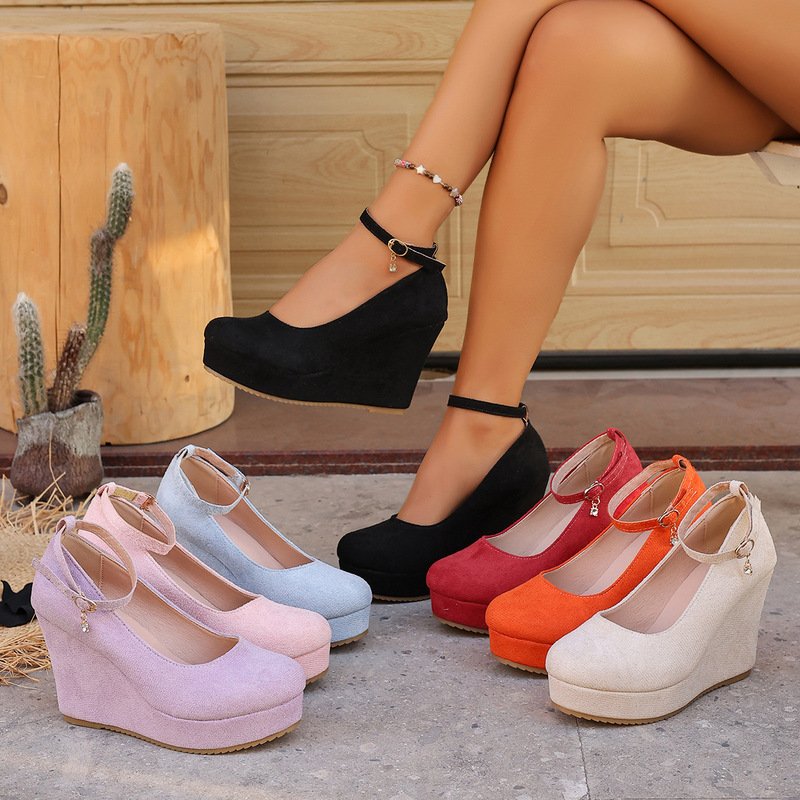 Plus-Size Spring and Autumn New Style Wedge Heels for Women, Waterproof Platform, Fashionable Round Toe, Ultra-High Heels, Single Strap, Shallow Mouth, Exclusively for Cross-Border Sales Plus-Size Spring and Autumn New Style Wedge Heels for Women, Waterproof Platform, Fashionable Round Toe, Ultra-High Heels, Single Strap, Shallow Mouth, Exclusively for Cross-Border Sales