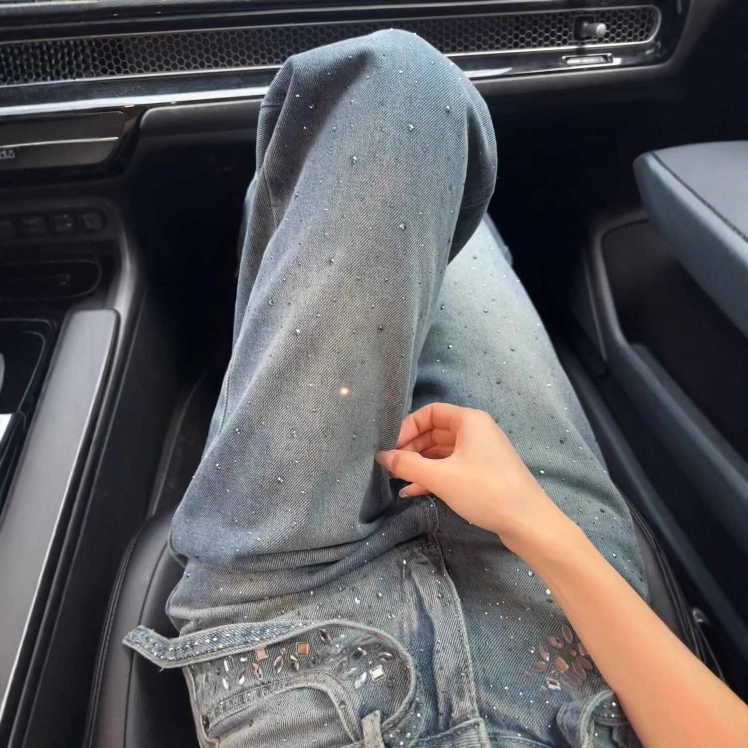 Women's High-Waisted Straight Leg Jeans Rhinestone Design Blue with Belt S M L XL XXL_voghion.com