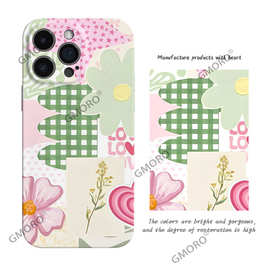 ozon爆款格子粉色花朵手机壳iPhone16pro苹果17菲林壳15全包防摔
