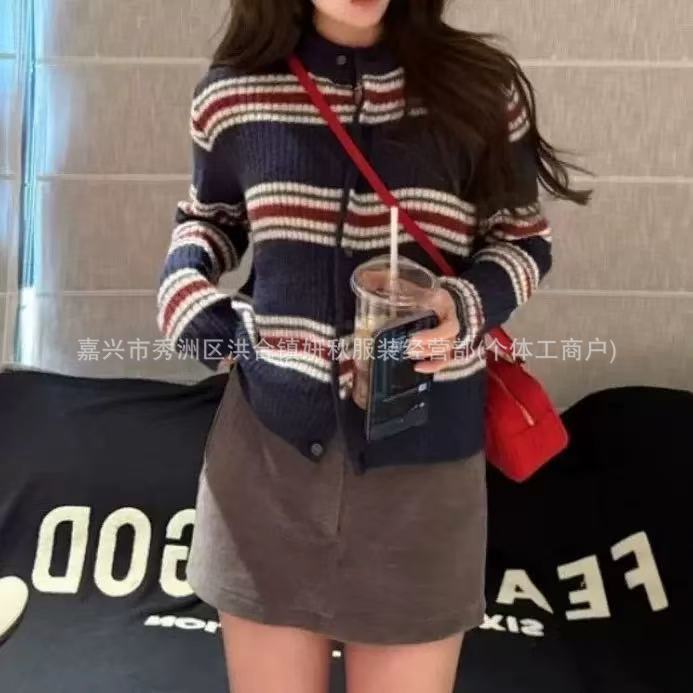 欧货时尚撞色圆领条纹毛衣开衫女秋冬宽松百搭小众设计感针织上衣|undefined