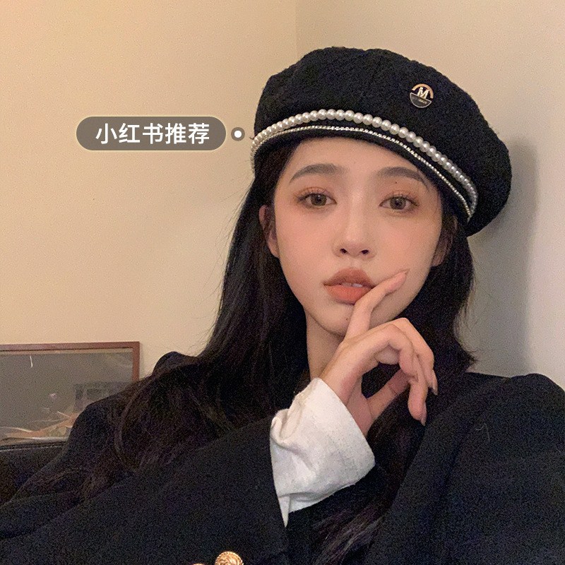 Fashionable trendy pearl beret for women, black internet celebrity, small fragrance, socialite, bud hat, Korean style,_voghion.com