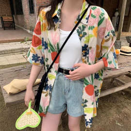 泰式海边度假风碎花短袖衬衫女春夏慵懒风中长款polo领衬衣薄外套