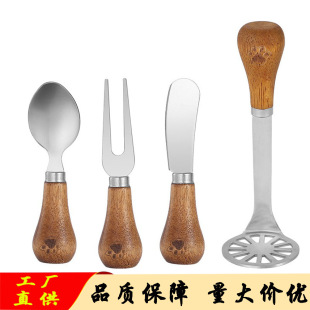 Creative kitchen gadgets wooden handle mash cheese knife butter spatula potato puree press knife and fork set