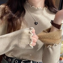 2025新款秋冬半高领加绒加厚内搭针织衫一体绒木耳边打底衫上衣潮