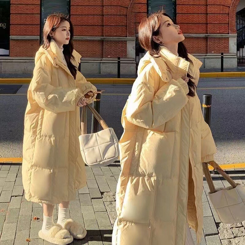 Milk Fufu Light Yellow down Cotton Jacket for Women Mid-Length 2025 Winter New Hooded Thickeneded Knee-Length Outerwear for Small People
