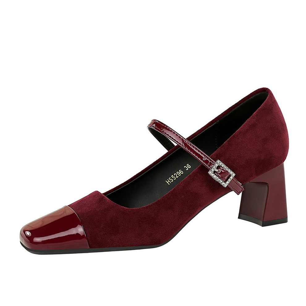 5296 Korean style fashionable women's shoes, thick heel, mid heel, shallow mouth splicing, square toe, straight cut with rhinestone buckle, single shoe, Mary Jane shoes