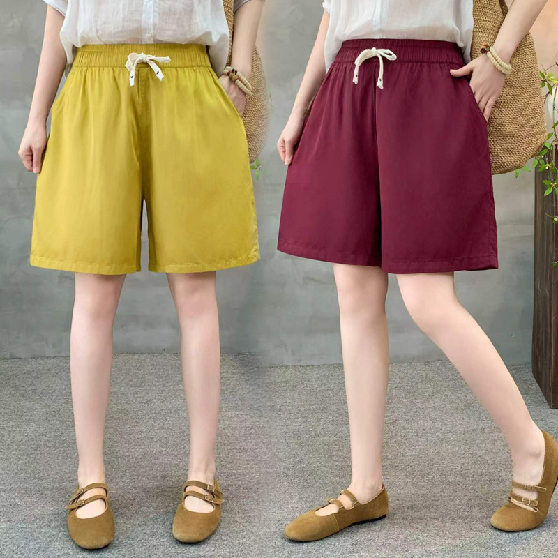 New Style Lyocell Silk Women's Wide-Leg Casual Shorts, Loose Plus-Size Solid Color Drawstring Mid-Length Shorts