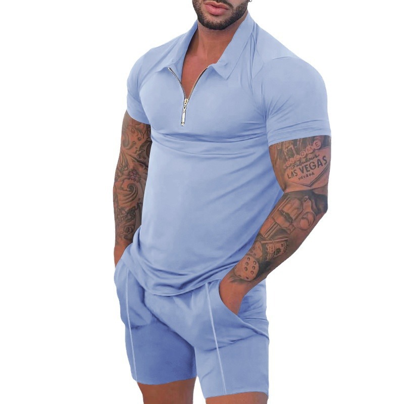 Herren-Poloshirt-Set mit kontrastfarbenem Besatz und Reißverschluss, Kurzarm, lässiges Color-Blocking-Top für modernen Stil_voghion.com