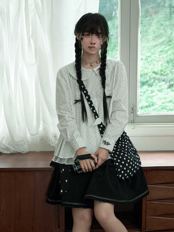 法式宽松休闲少女感娃娃领波点衬衫上衣+蝴蝶结系带半裙两件套女|undefined
