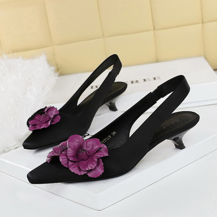 5129-H57 French Style High-End Floral Pointed Toe Mid-Heel Satin Backless Strap Women's Shoes Comfortable_voghion.com