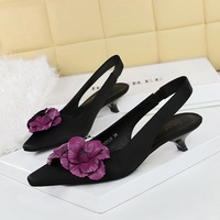 5129-H57 French high-end flower pointed single order shoes for women, silk and satin with empty back straps, women's shoes are not tiring to the feet