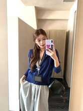 藏青色连帽长袖拉链针织外套女秋季慵懒宽松毛衣开衫复古休闲上衣