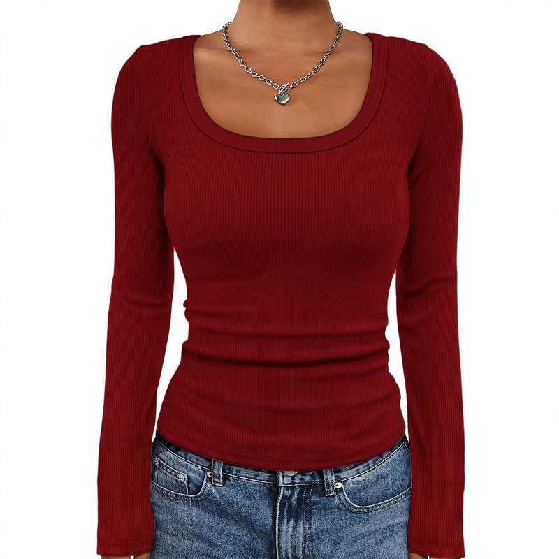 Women's Long Sleeve Shirt Square Neck Top Ribbed Knit Basic Crop Top for Girls Autumn Fashion Clothing Women's Long Sleeve Shirt Square Neck Top Ribbed Knit Basic Crop Top for Girls Autumn Fashion Clothing
